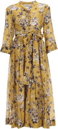 Max Mara Jurk met bloemenprint en strikceintuur - Dames - Casual kleedjes - Geel - S - Kleedjes