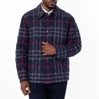 Burberry Navy Blue Check-Collar Cotton Jacket, Size X-Large