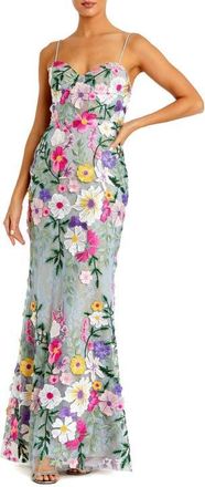 Mac Duggal Petite Floral Embroidered Sleeveless Bustier Gown in Sage Multi at Nordstrom, Size 10P