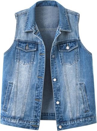 Generic Denim Waistcoat Women Cowboy Waistcoat Solid Color Sleeveless Plus Size Lightweight Jean Jacket Spring Autumn Buttons Vests Open Front Shirt Coats Out