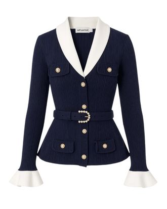 Self Portrait Ribbed Knit Cardigan with Contrast Collar and Pearl Accents