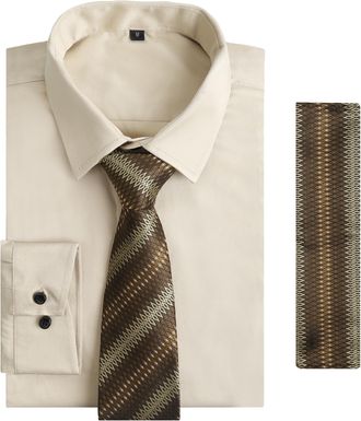 Alizeal Mens Long Sleeve Shirt and Necktie Set Formal Casual Business Wedding Button Down Dress Shirt and Tie Set, Khaki-Brown-XL