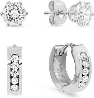Steeltime Stainless Steel Simulated Diamond Stud & Huggie Earrings Set in Silver at Nordstrom Rack