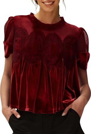 Generic Christmas Tops for Women UK Womens Velvet Lace Tops Casual Puff Short Sleeve Babydoll Shirts Flared Swing Blouse Ruffle Hem Patchwork Peplum Sweatshir