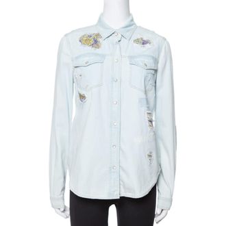 Roberto Cavalli Light Blue Distressed Denim Patch Detail Shirt