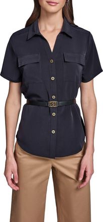 Karl Lagerfeld Belted Button-Up Shirt in Midnight Navy at Nordstrom, Size X-Large