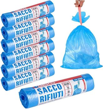 Trade Shop Trade Shop - 7x Rotoli Sacchetti Buste Spazzatura 40lt 55x65 Chiusura Laccetto Azzurro 105pz