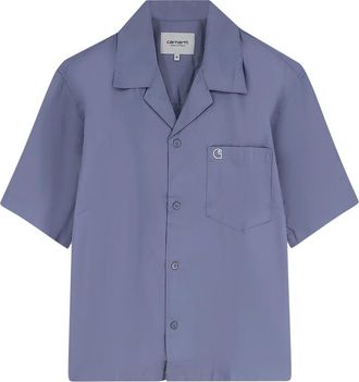 Carhartt Work in Progress Overhemden, Heren, Blauw, L, Katoen, Bowlingkraag Shirt met Korte Mouwen