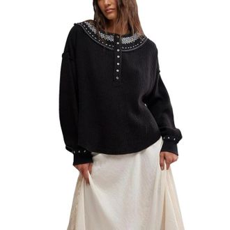 Free People Holly Henley Top Womens Black Embroidered Long Sleeve DDR2729
