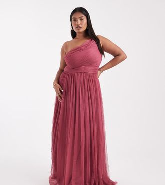 Lace & Beads Plus Vestito lungo da damigella in tulle color orchidea con fiocco sulla spalla-Rosa