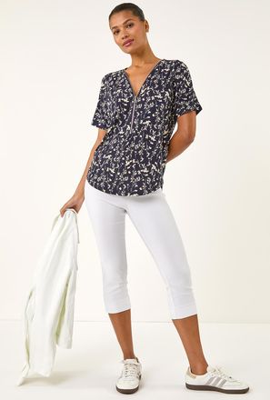 Roman Floral Puff Print Zip Front Top