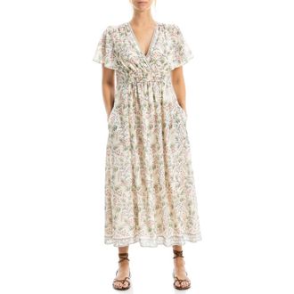 Max Studio Surplice Neck Flutter Sleeve Midi Dress in Floribun-Floribunda at Nordstrom Rack, Size X-Small