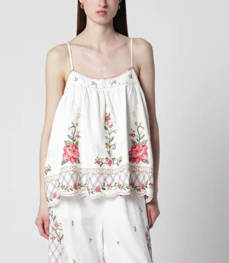 Farm Rio Linen-blend top with floral embroidery