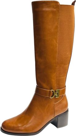 Generic Women Faux Leather Elastic Panel Knee High Ladies Comfy Full Zip Winter Boots (Camel, One Size, UK Footwear Size System, Adult, Women, Numeric, Medium