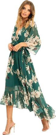 Yumi Floral Print Green Kimono Midi Wrap Dress 8 Green