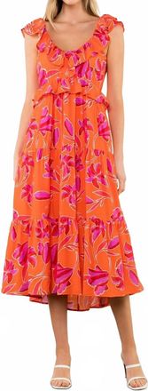 THML Clothing Flutter Sleeve Flower Print Midi Dress In Orange/pink