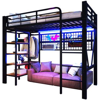 STILVORA Cama Alta 90 X 200 Cm Con Led Ajustable, Estante, Red De Almacenamiento Y Barra Para Ropa, Sin Colch&oacute;n, De Metal, Negro