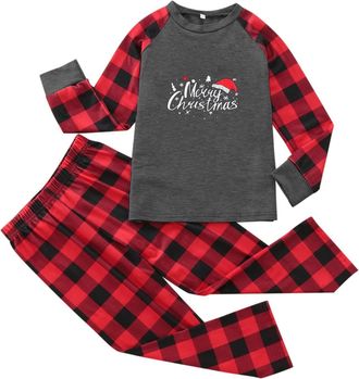 Generic Christmas Children Letter Plaid Print Top Blouse+Pants Family Clothes Pajamas (Red, 10 Years)