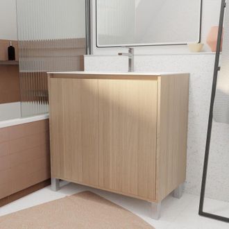 Aurlane Set Mobile Bagno 80 cm Rovere Chiaro 2 Ante con Lavabo in Ceramica - xenos
