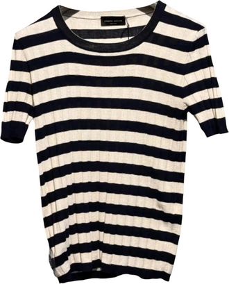 Roberto Collina Navy/Ecru Gestreept T-shirt - Heren - Ronde hals truien - Veelkleurig - M - Katoen - Truien & Vesten