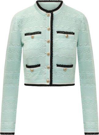 Self Portrait Green Openwork Cropped Knit Cardigan