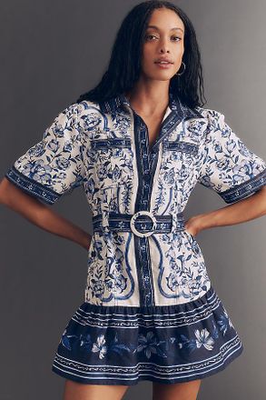 Farm Rio Porcelain Garden Belted Linen Mini Dress