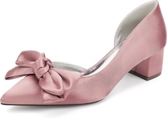 Generic Womens Satin Bridal Wedding Pumps Pointed Toe Block Heel Bridal Low Heels Style Bow Bridesmaid Shoes 4.5Cm,and Flesh Pink.,10 UK