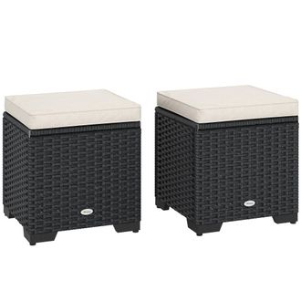 OUTSUNNY Set of 2 Rattan Footstool - Storage Ottoman w/ Cushions - Cream | TJ Hughes