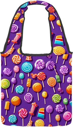 Generic Purple Candy Pattern Reversible Canvas Shoulder Tote - Double-Sided Print, 12oz Cotton, 27cm Drop, Fold-Flat Bag for Travel, Shopping, Street Outings
