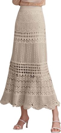 Generic 2025 Womens Stretched High Waist Crochet Hollow Out Knit Flowy Patterned Lace Maxi Skirt (Beige, XL)