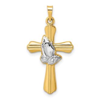 Diamond2Deal 14k Yellow Gold and White Rhodium Hollow Praying Hands Cross Pendant