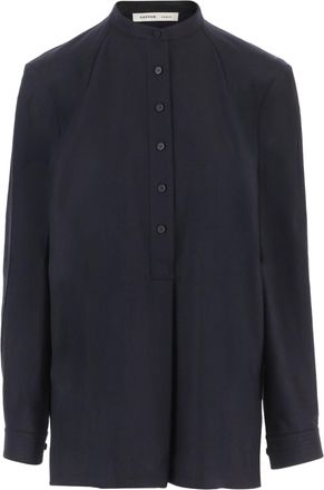 Carven Navy Blue Mandarin Collar Half-Button Wool Sweater