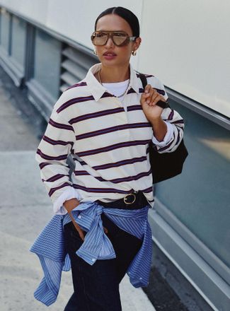 Contemporaine Womens Poplin collar striped polo shirt