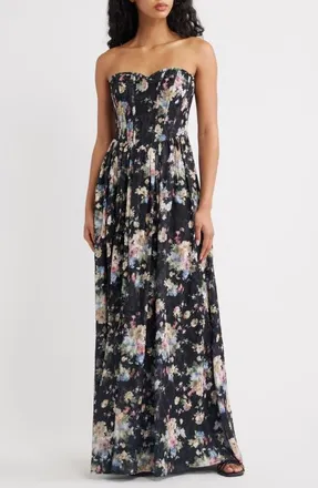Lulus Remi Floral Corset Maxi Gown in Black Multi at Nordstrom, Size X-Large