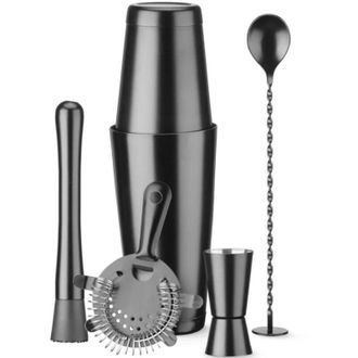 OEM Juego De Coctelera En Tubo, Incluye Coctelera, Medidor, Colador, Mortero Y Cuchara, Color Negro