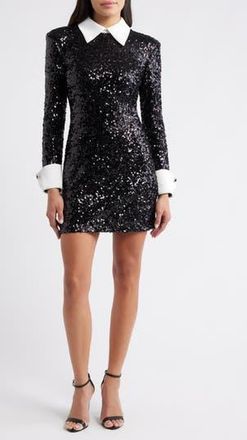 Eliza J Collared Long Sleeve Sequin Minidress in Black White at Nordstrom Rack, Size 8