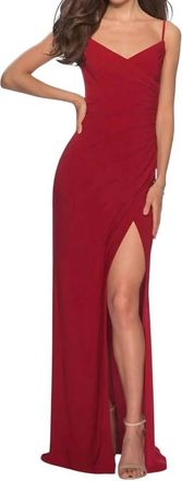 La Femme Slinky Ruched Evening Gown In Deep Red