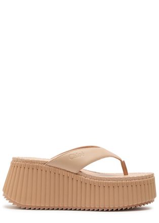 Chlo&eacute; Nama 80 Thong Leather Wedge Sandals - Cream - 40 (IT40 / UK7)