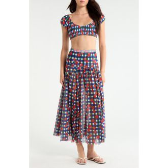 Hutch Maeden Floral Cover-Up Midi Skirt in Gingham Tomatoes Blue/Green at Nordstrom, Size Xx-Small