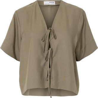 Selected Overhemden, Dames, Groen, M, Linnen, Boxy Tie Top met V-hals