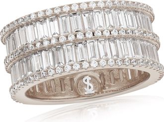 Suzy Levian Sterling Silver Cubic Zirconia Double Row White Baguette and Round Cut Wide Eternity Band