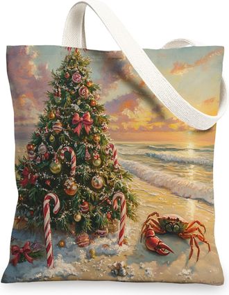 Generic Beach Christmas Crab Canvas Tote Bag for Shopping 13x15, Coastal Xmas Palm Trees Reusable Grocery Print Pattern Bag for Women, Holiday Beachy Beach Ae