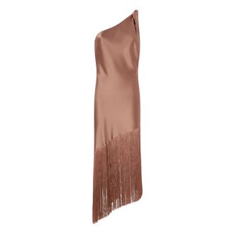 Pinko Kiwi Satijnen Jurk met Franjes - Dames - Feestkleedjes - Bruin - L - Satijn - Kleedjes