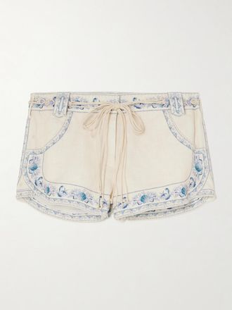 Zimmermann Shorts In Lino Stampato Con Cintura Wanderlust - Blu