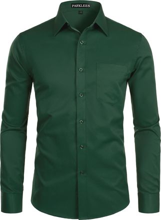 PARKLEES Mens Long Sleeve Dress Shirt Solid Slim Fit Casual Business Formal Button Up Shirts with Pocket Green 2XL