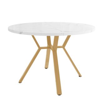 Urban Meuble Mesa de comedor redonda efecto m&aacute;rmol blanco y metal dorado