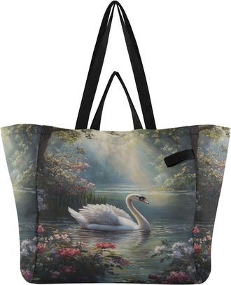 Generic Flowers Lake Swan Teal print Reusable Canvas Tote Bag, Heavy Duty Grocery Shopping Bag with Large Capacity Double Handles Hard Bottom Work Groceries T