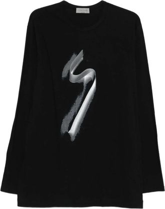 Yohji Yamamoto Tops, Heren, Zwart, L, Katoen, Zwart Grafisch Print Longsleeve T-shirt