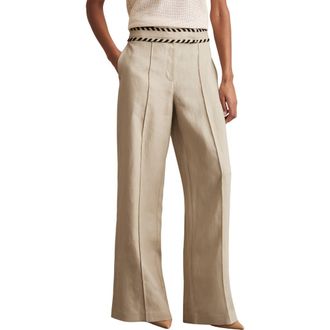 Reiss Fawn Whipstitch Wide Leg Linen Pants in Neutral at Nordstrom Rack, Size 0 Us / 4 Uk