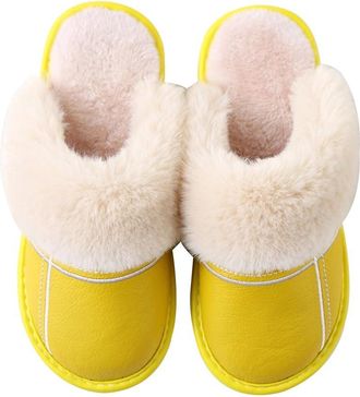Generic Womens Leather Plush Slippers for Autumn and Winter, Waterproof Home Shoes,Yellow,6.5 UK